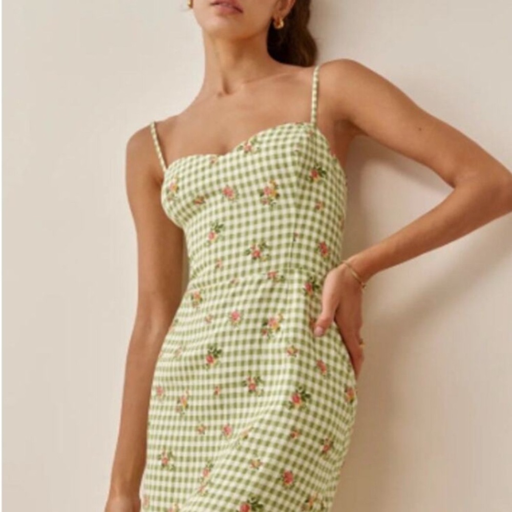 Reformation Green and White Ruched Midi Sundress